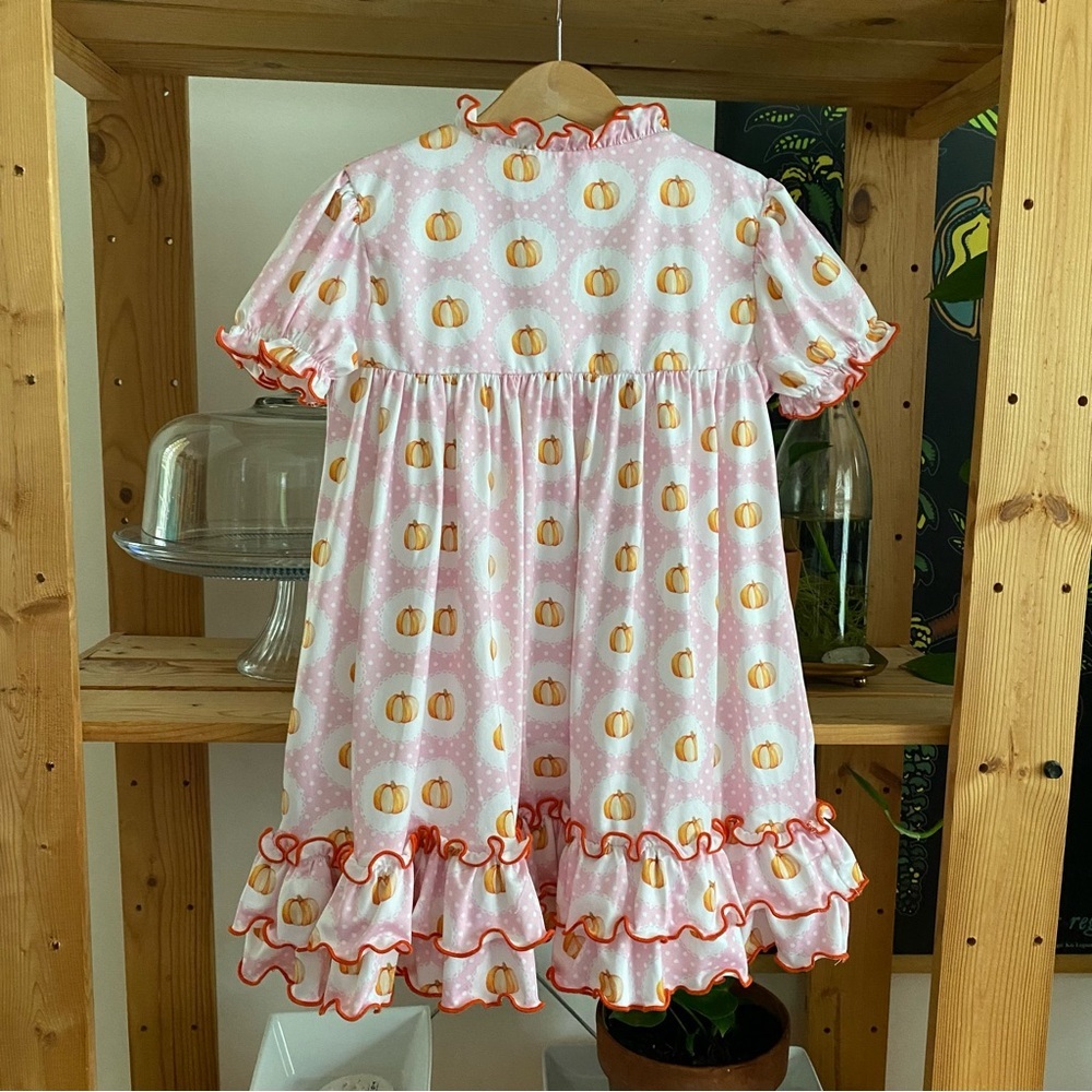 Southern Taters Pink Orange Pumpkin Ruffle Dress 4t - Picture 3 of 16
